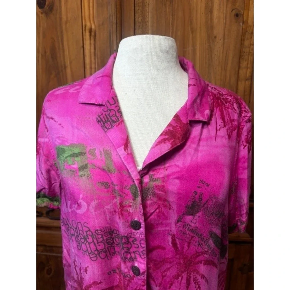 Caribbean Joe Pink Tropical Palm Tree Print Button Front Shirt Petite Womens M - Picture 2 of 7